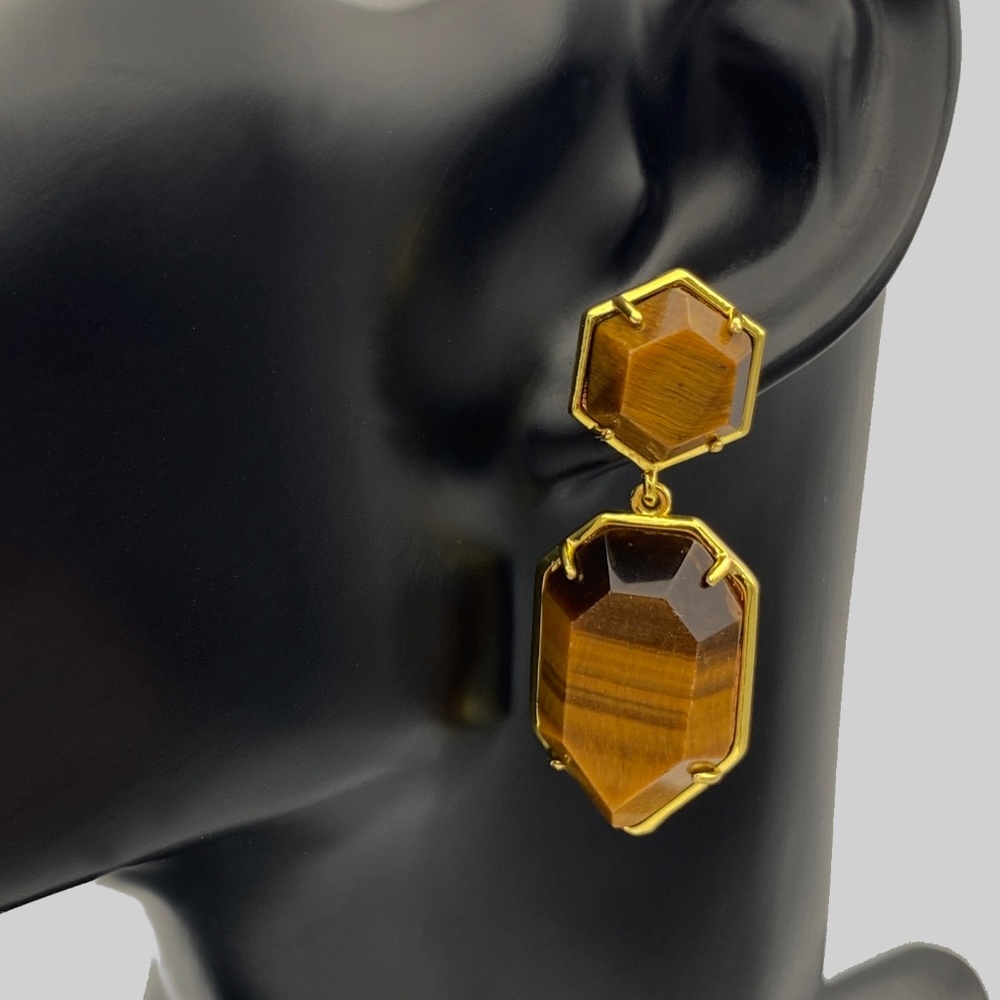 Natural Stone Tiger's Eye Stone Earrings, Gold Toned Statement Jewelry